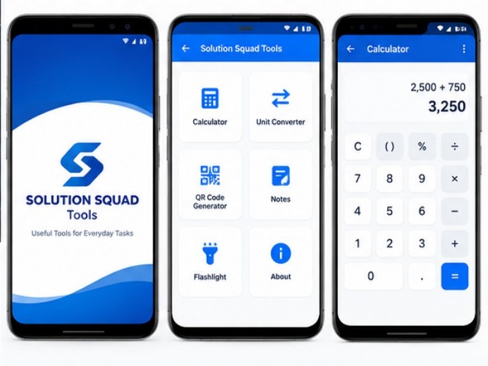 Mobile app concept mockups showing Solution Squad Tools and calculator screens