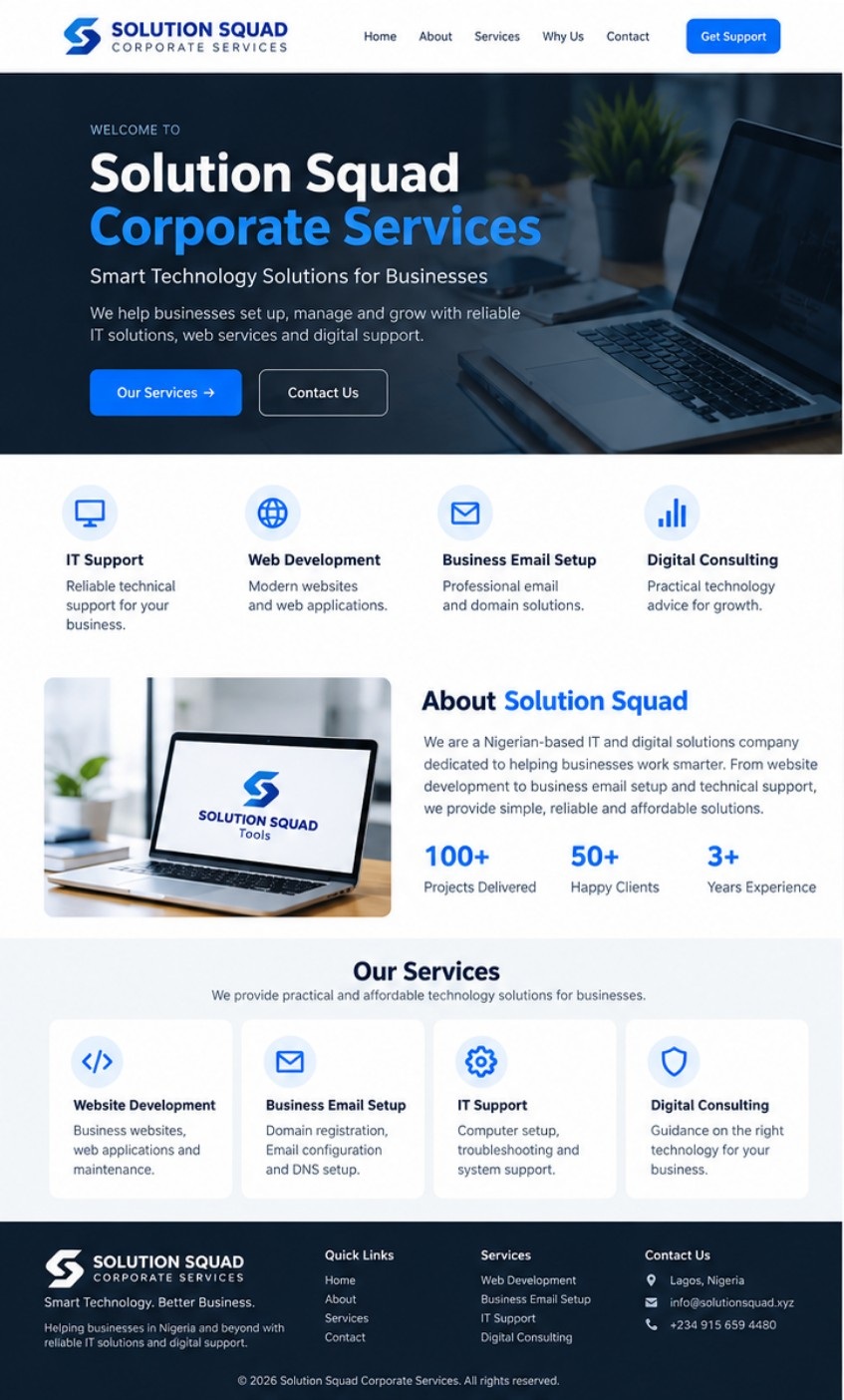 Solution Squad branding displayed on a laptop in a workspace